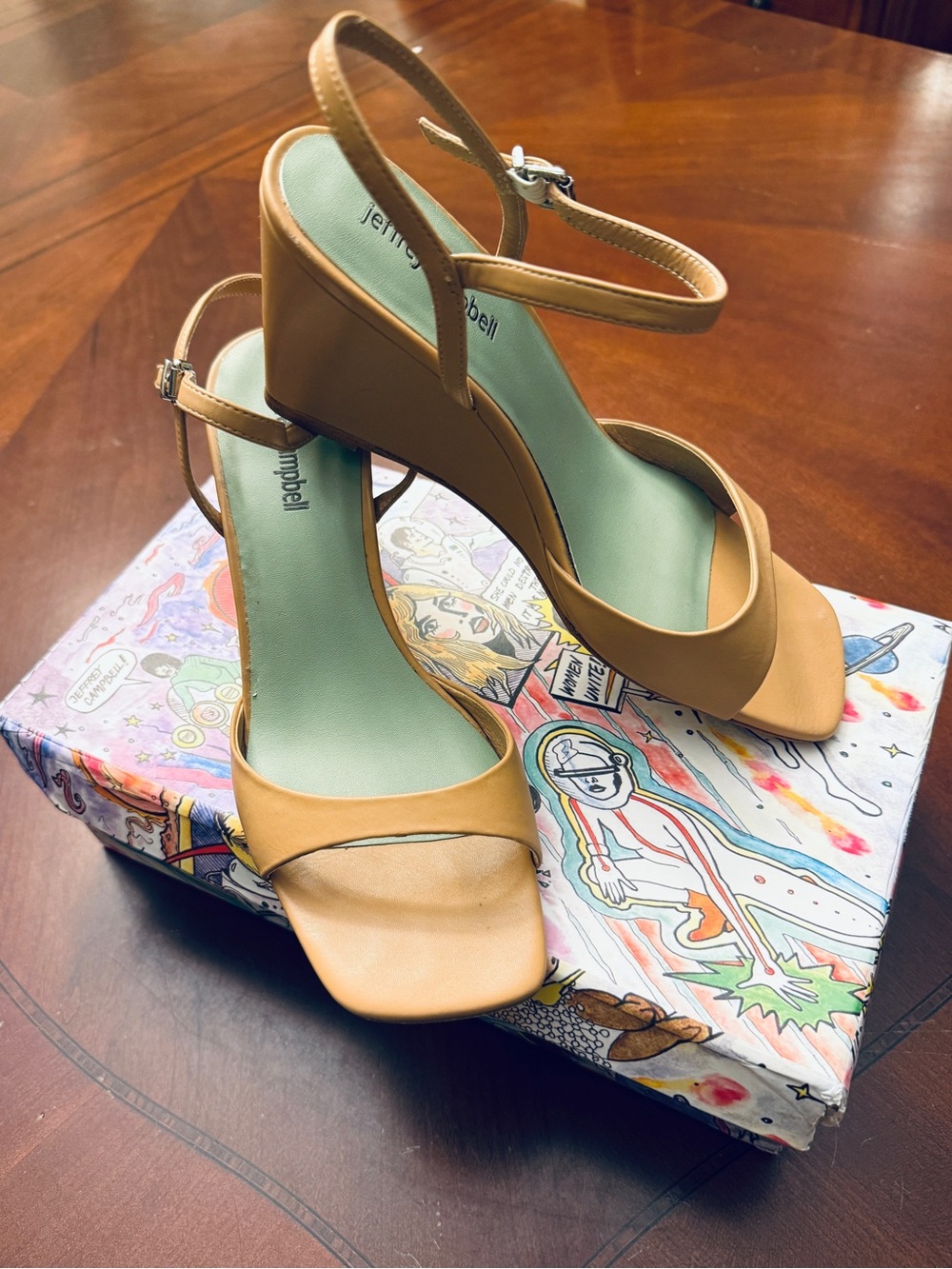 Jeffrey Campbell Nude Tan Wedge Sandals with Mint Insole
